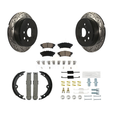 Rear Disc Drilled & Slotted Rotors Ceramic Pads Parking Brake Shoes And Hardware Kit For KDC-101499