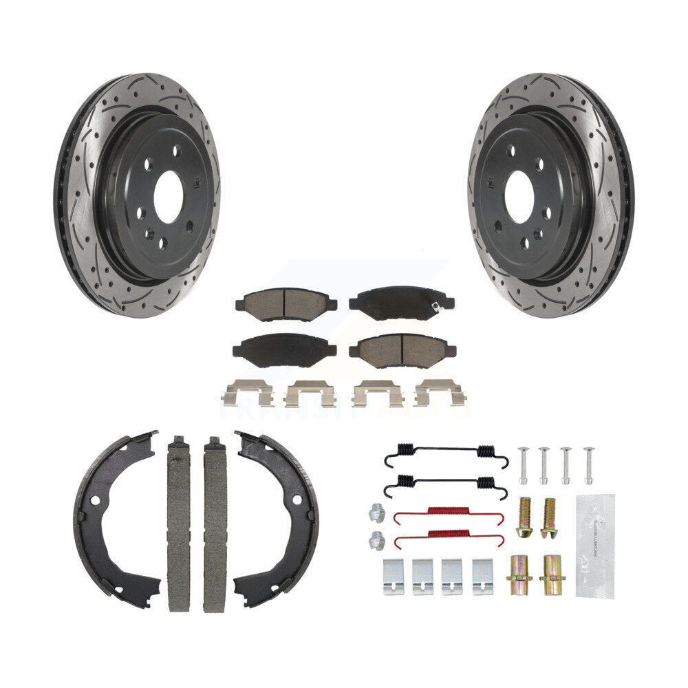 Rear Disc Drilled & Slotted Rotors Ceramic Pads Parking Brake Shoes And Hardware Kit For KDC-101500