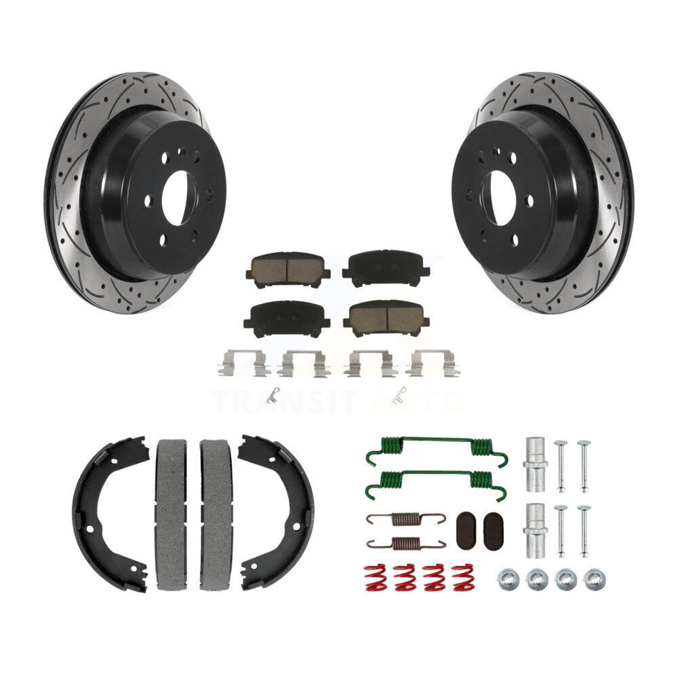 Rear Disc Drilled & Slotted Rotors Ceramic Pads Parking Shoes Hardware Kit For Chevrolet KDC-101501