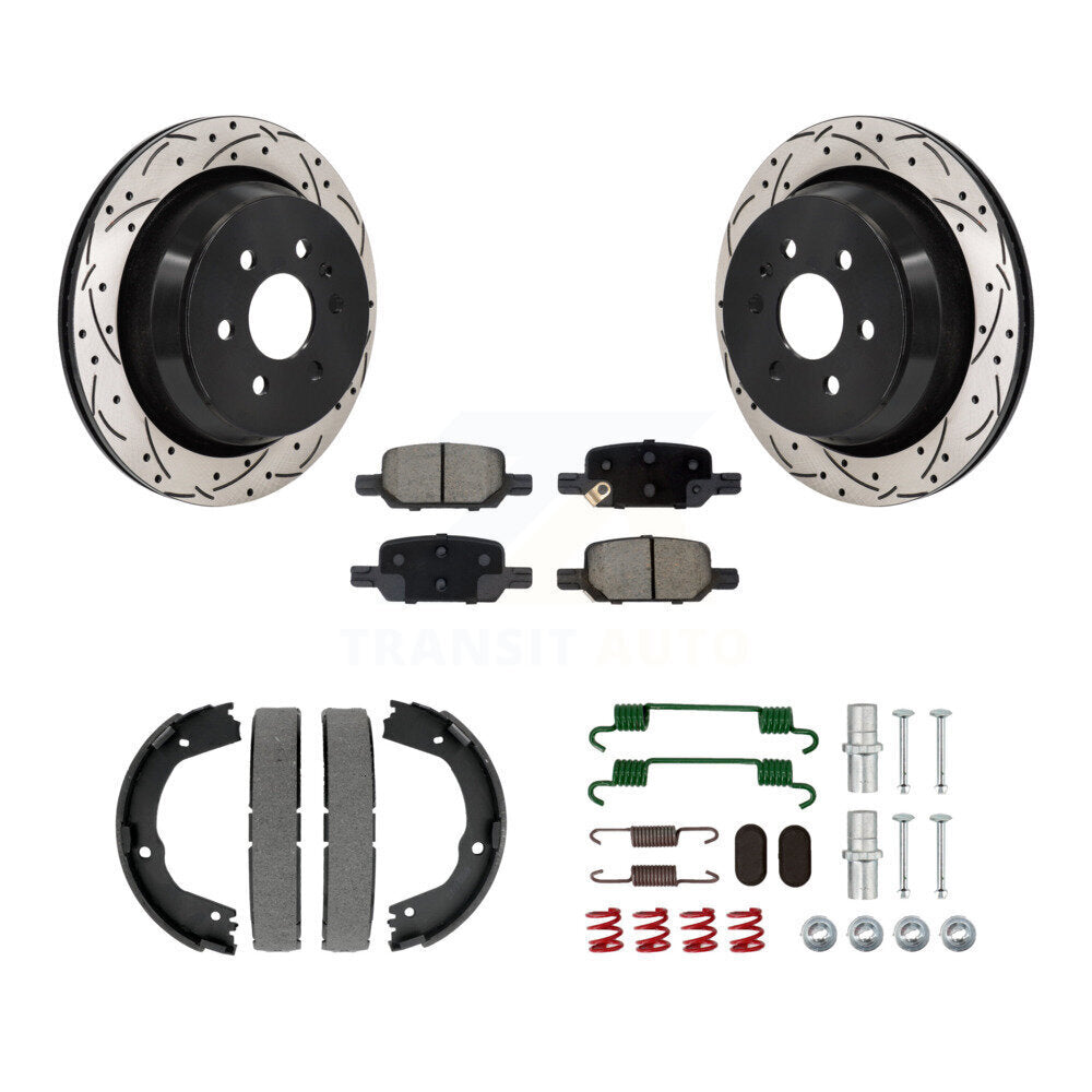 Rear Disc Drilled & Slotted Rotors Ceramic Pads Parking Shoes Hardware Kit For Chevrolet KDC-101502