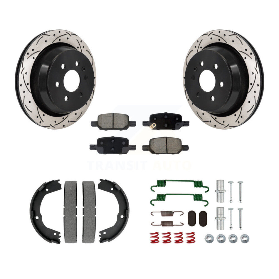 Rear Disc Drilled & Slotted Rotors Ceramic Pads Parking Shoes Hardware Kit For Chevrolet KDC-101502