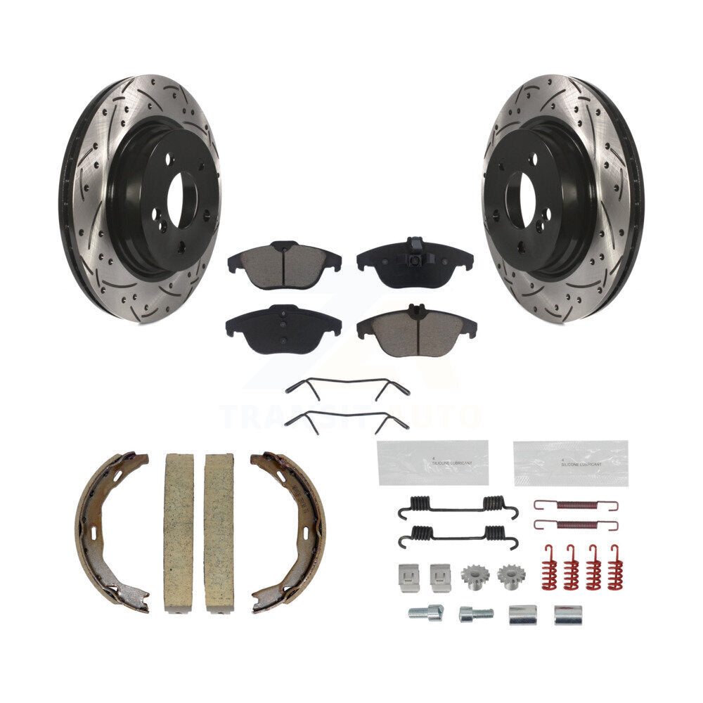 Rear Disc Drilled & Slotted Rotors Ceramic Pads Parking Shoes Hardware Kit For C300 C350 KDC-101504