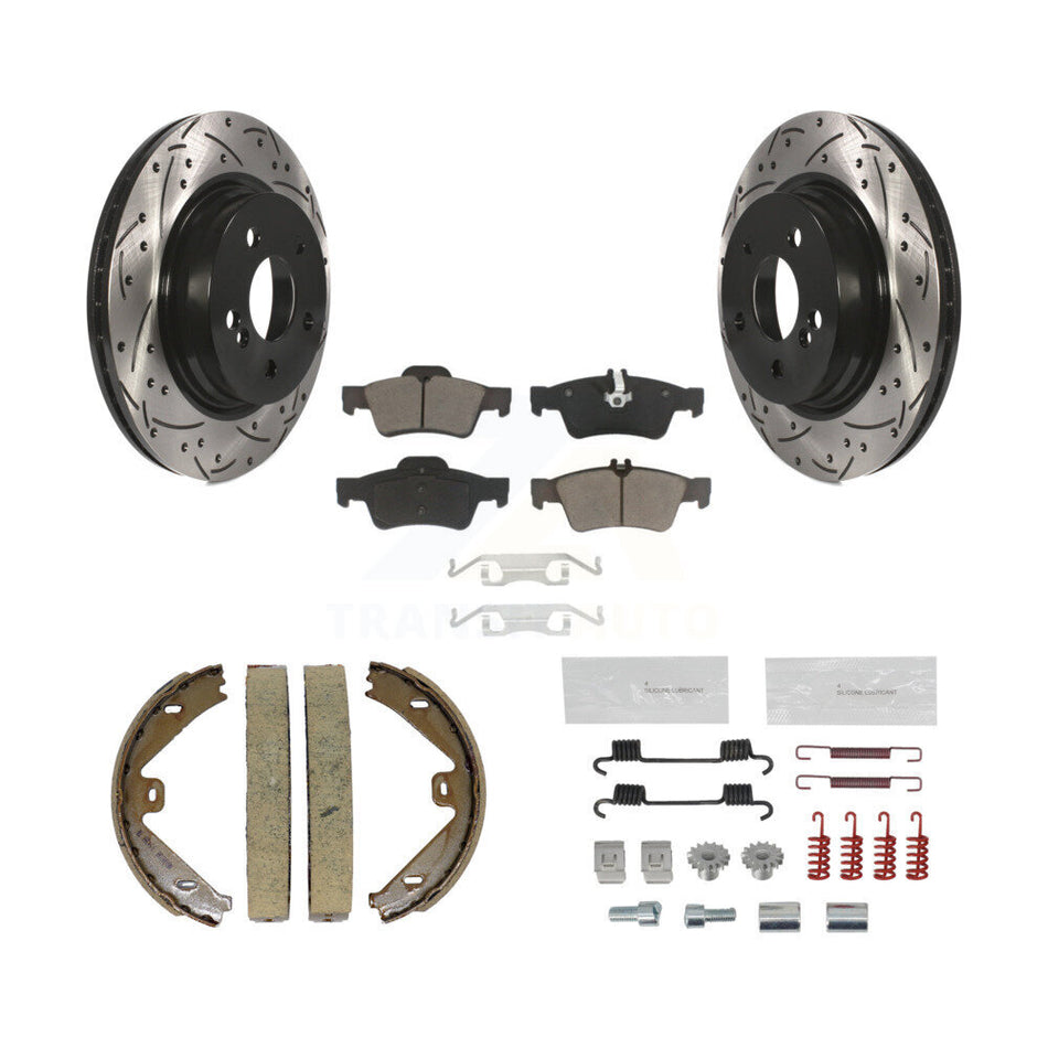Rear Disc Drilled & Slotted Rotors Ceramic Pads Parking Brake Shoes And Hardware Kit For KDC-101506