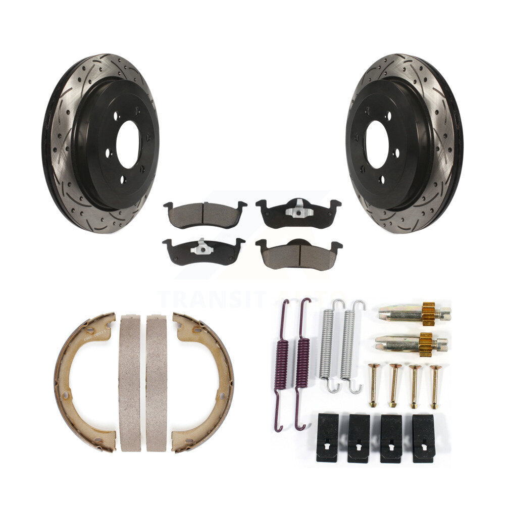 Rear Disc Drilled & Slotted Rotors Ceramic Pads Parking Brake Shoes Hardware Kit For Ford KDC-101509