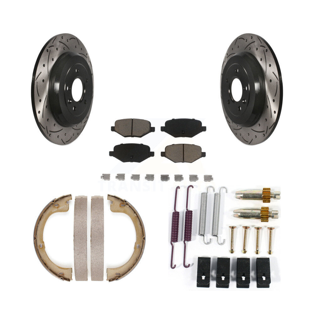Rear Disc Drilled & Slotted Rotors Ceramic Pads Parking Brake Shoes And Hardware Kit For KDC-101510