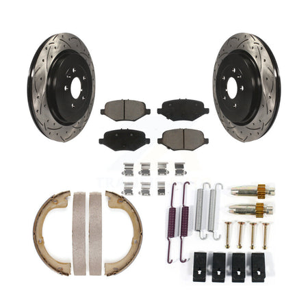Rear Disc Drilled & Slotted Rotors Ceramic Pads Parking Brake Shoes And Hardware Kit For KDC-101512