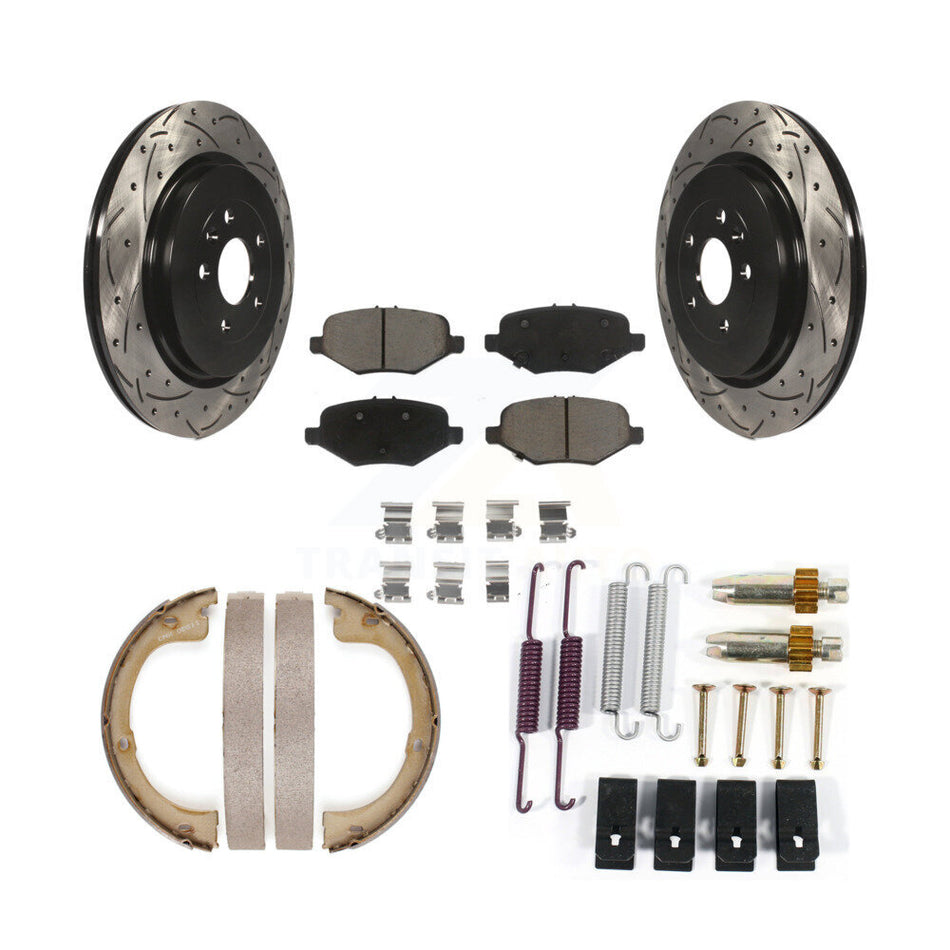 Rear Disc Drilled & Slotted Rotors Ceramic Pads Parking Brake Shoes And Hardware Kit For KDC-101512