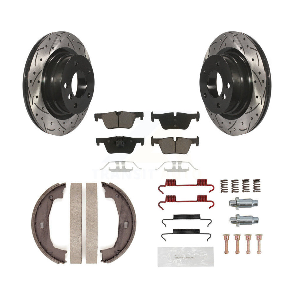 Rear Disc Drilled & Slotted Rotors Ceramic Pads Parking Shoes Hardware Kit For BMW 230i KDC-101515