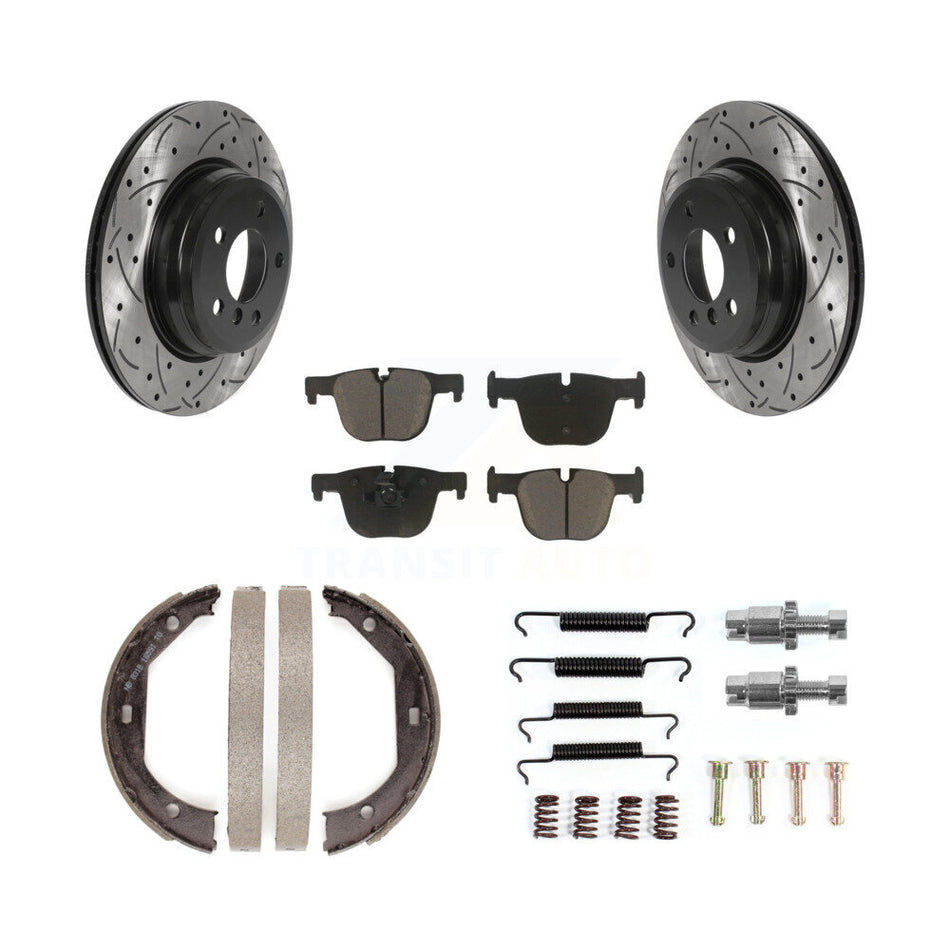 Rear Disc Drilled & Slotted Rotors Ceramic Pads Parking Shoes Hardware Kit For BMW 330i 3 KDC-101518