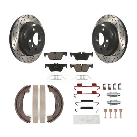 Rear Disc Drilled & Slotted Rotors Ceramic Pads Parking Shoes Hardware Kit For BMW 320i KDC-101524
