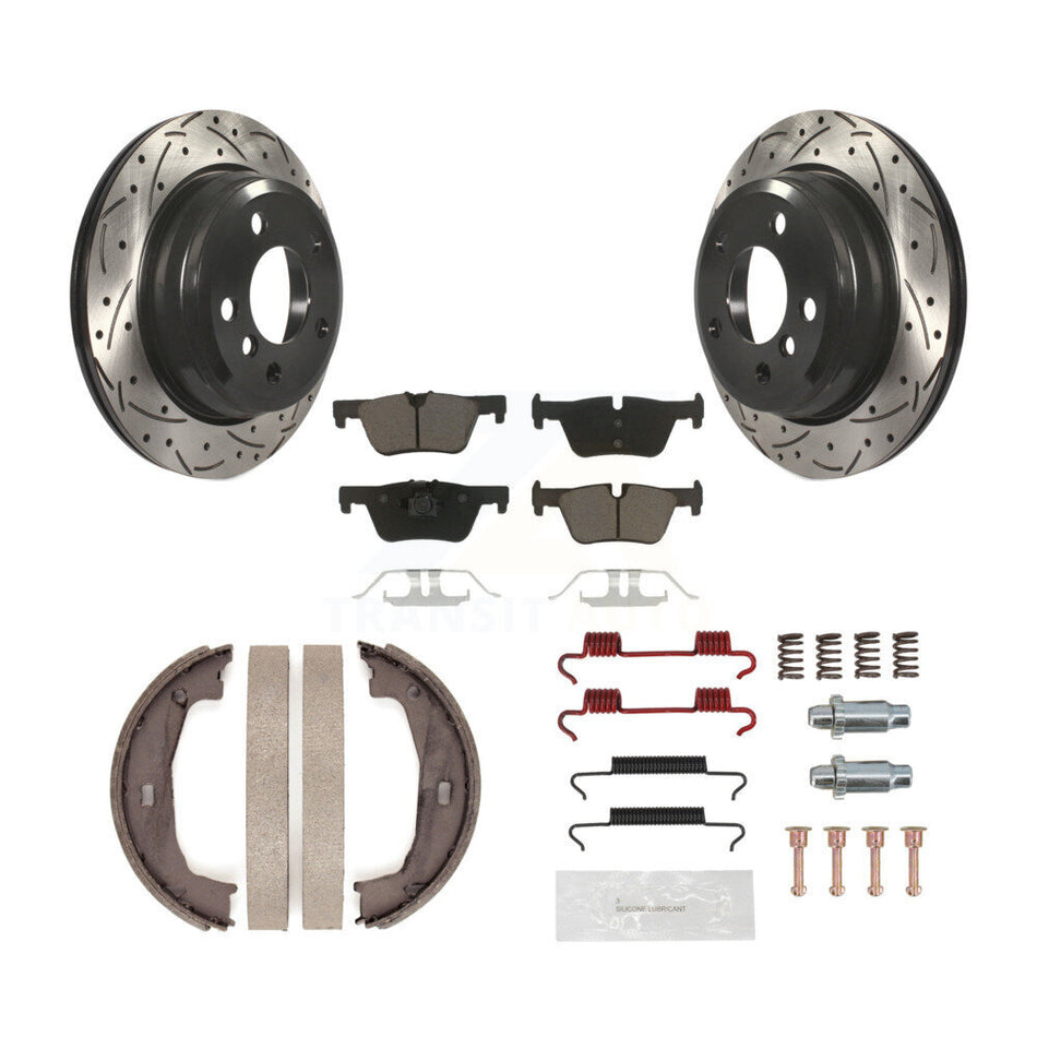 Rear Disc Drilled & Slotted Rotors Ceramic Pads Parking Shoes Hardware Kit For BMW 320i KDC-101524