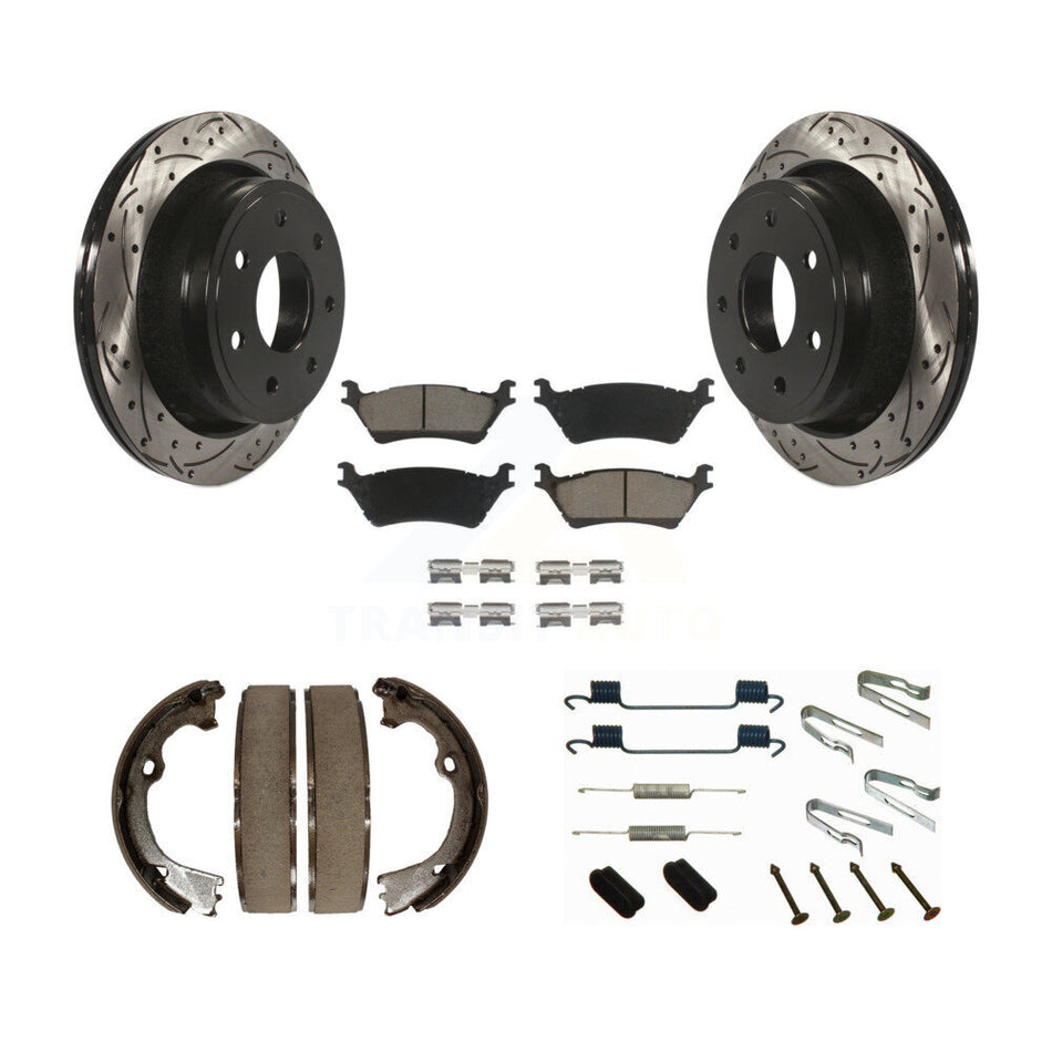 Rear Disc Drilled & Slotted Rotors Ceramic Pads Parking Shoes Hardware Kit For Ford F-150 KDC-101529