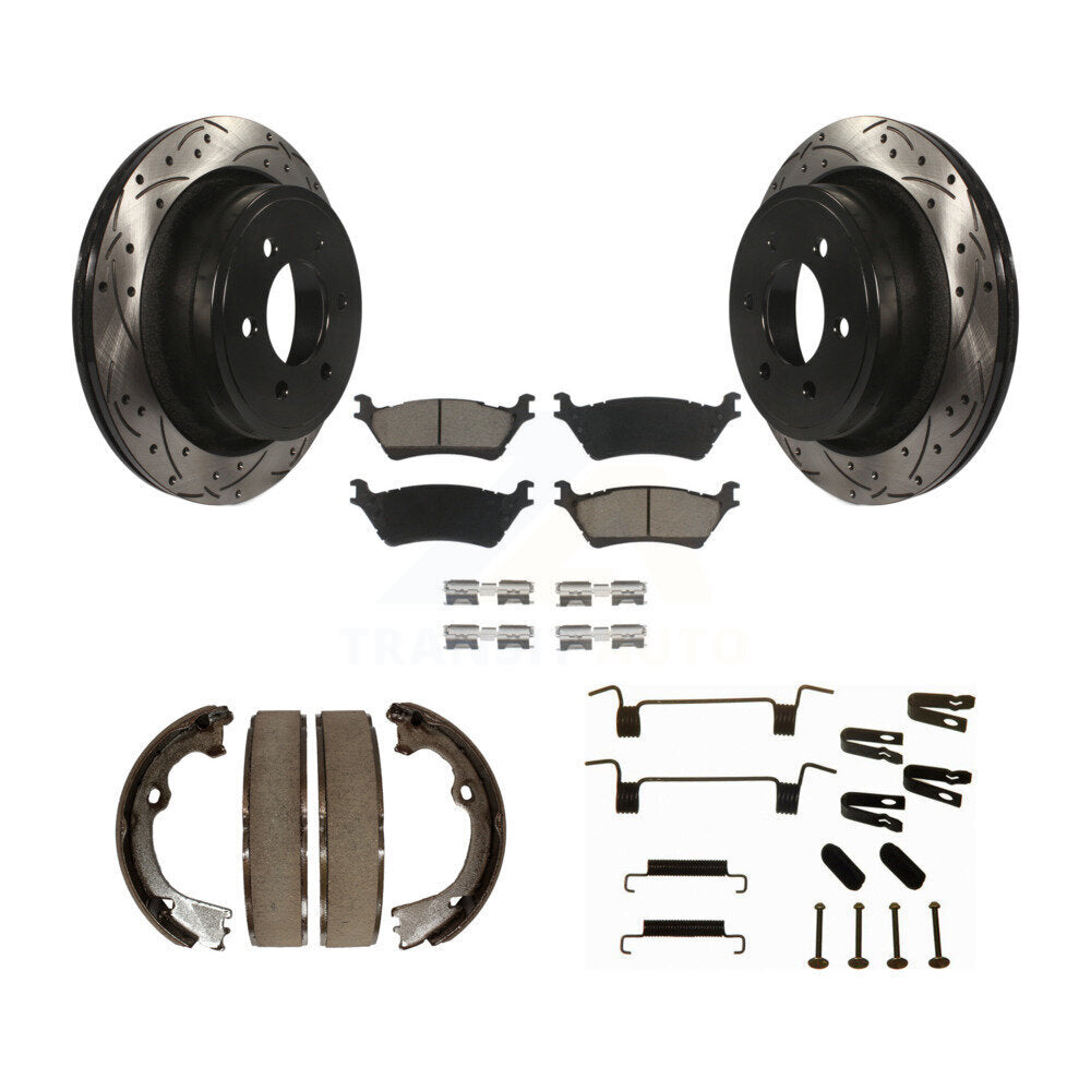 Rear Disc Drilled & Slotted Rotors Ceramic Pads Parking Shoes Hardware Kit For Ford F-150 KDC-101532