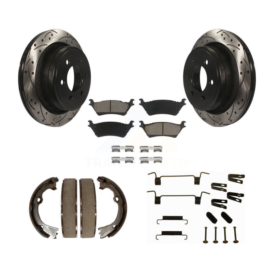 Rear Disc Drilled & Slotted Rotors Ceramic Pads Parking Shoes Hardware Kit For Ford F-150 KDC-101532