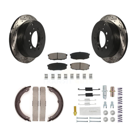 Rear Disc Drilled & Slotted Rotors Ceramic Pads Parking Shoes And Hardware Kit For Toyota KDC-101533