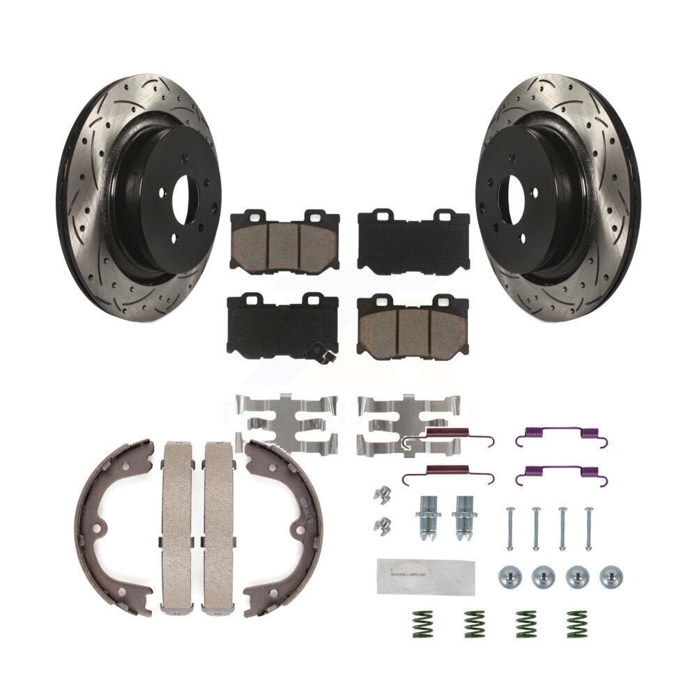 Rear Disc Drilled & Slotted Rotors Ceramic Pads Parking Shoes Hardware Kit For INFINITI KDC-101534