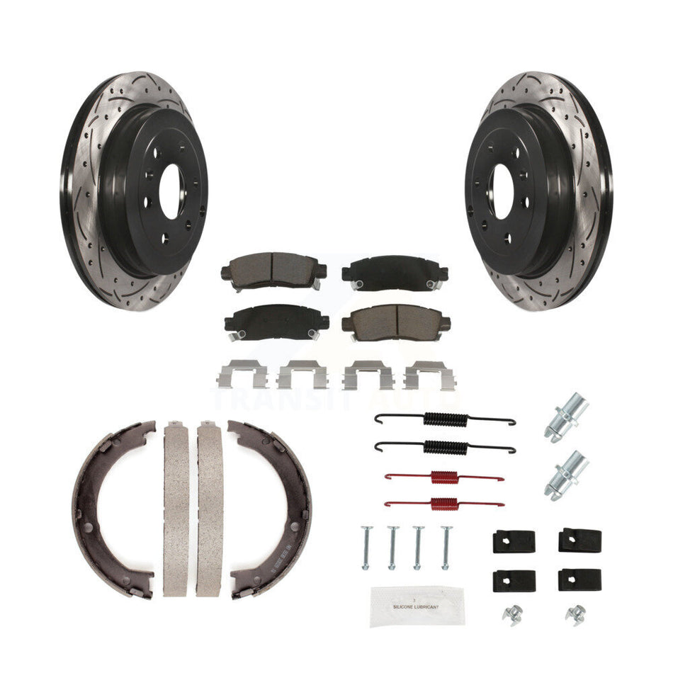 Rear Disc Drilled & Slotted Rotors Ceramic Pads Parking Shoes Hardware Kit For GMC Acadia KDC-101539