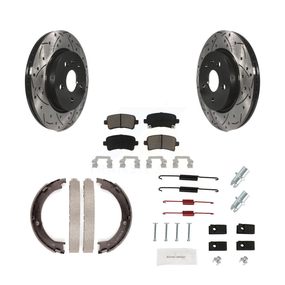 Rear Disc Drilled & Slotted Rotors Ceramic Pads Parking Brake Shoes And Hardware Kit For KDC-101540