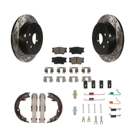 Rear Disc Drilled & Slotted Rotors Ceramic Pads Parking Shoes And Hardware Kit For Toyota KDC-101543