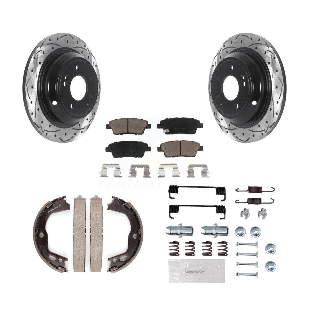 Rear Disc Drilled & Slotted Rotors Ceramic Pads Parking Brake Shoes And Hardware Kit For KDC-101546