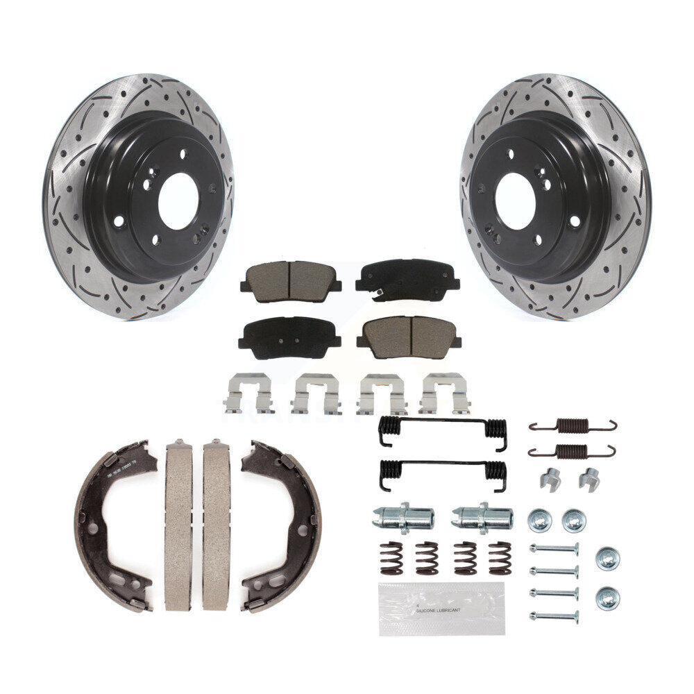 Rear Disc Drilled & Slotted Rotors Ceramic Pads Parking Brake Shoes And Hardware Kit For KDC-101548