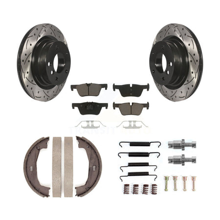Rear Disc Drilled & Slotted Rotors Ceramic Pads Parking Shoes Hardware Kit For BMW 328i KDC-101551