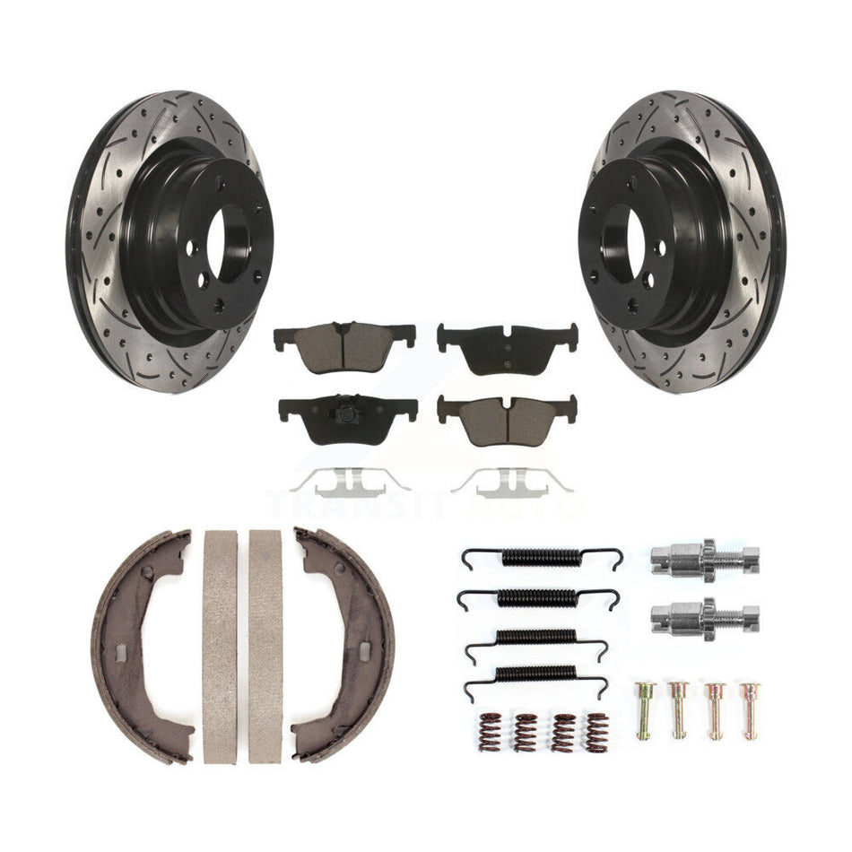 Rear Disc Drilled & Slotted Rotors Ceramic Pads Parking Shoes Hardware Kit For BMW 328i KDC-101551