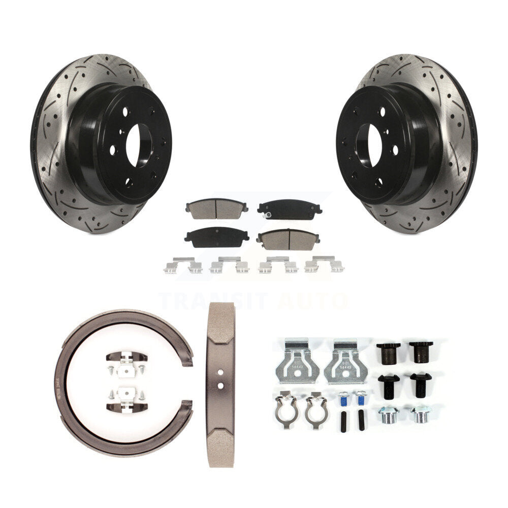 Rear Disc Drilled & Slotted Rotors Ceramic Pads Parking Shoes Hardware Kit For Chevrolet KDC-101553