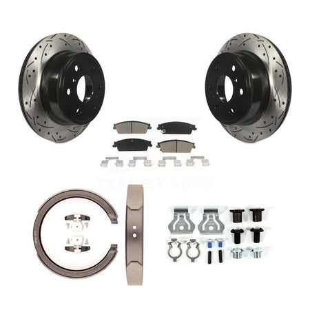 Rear Disc Drilled & Slotted Rotors Ceramic Pads Parking Shoes Hardware Kit For Chevrolet KDC-101553