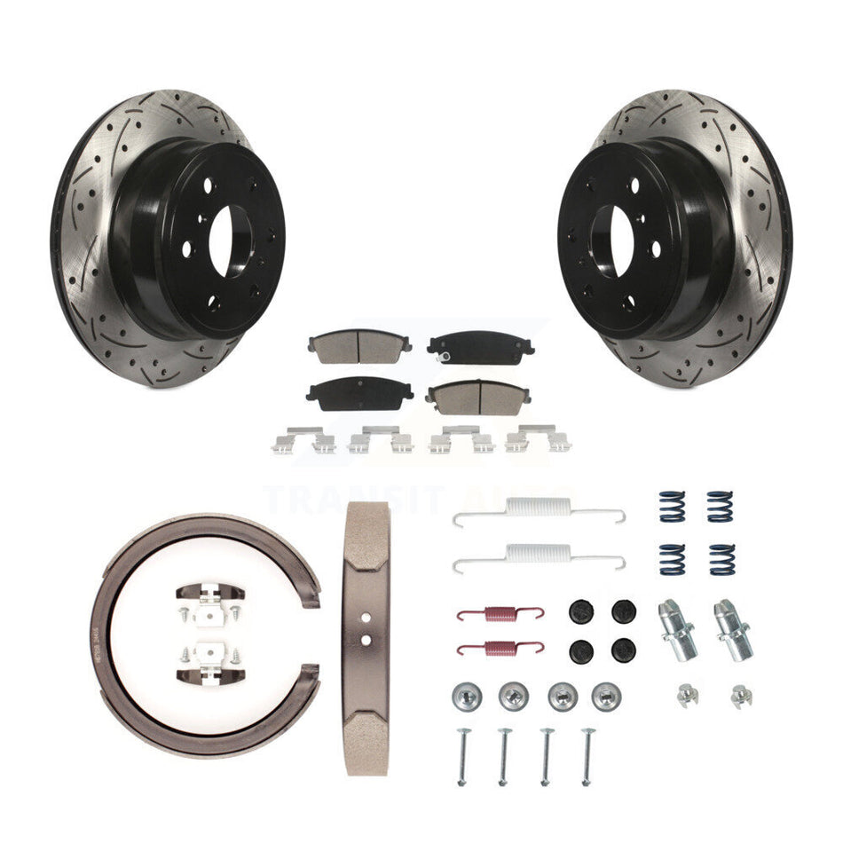 Rear Disc Drilled & Slotted Rotors Ceramic Pads Parking Shoes Hardware Kit For GMC Sierra KDC-101554
