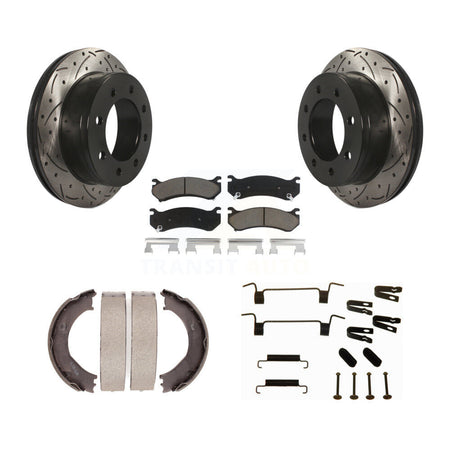 Rear Disc Drilled & Slotted Rotors Ceramic Pads Parking Shoes Hardware Kit For Chevrolet KDC-101557