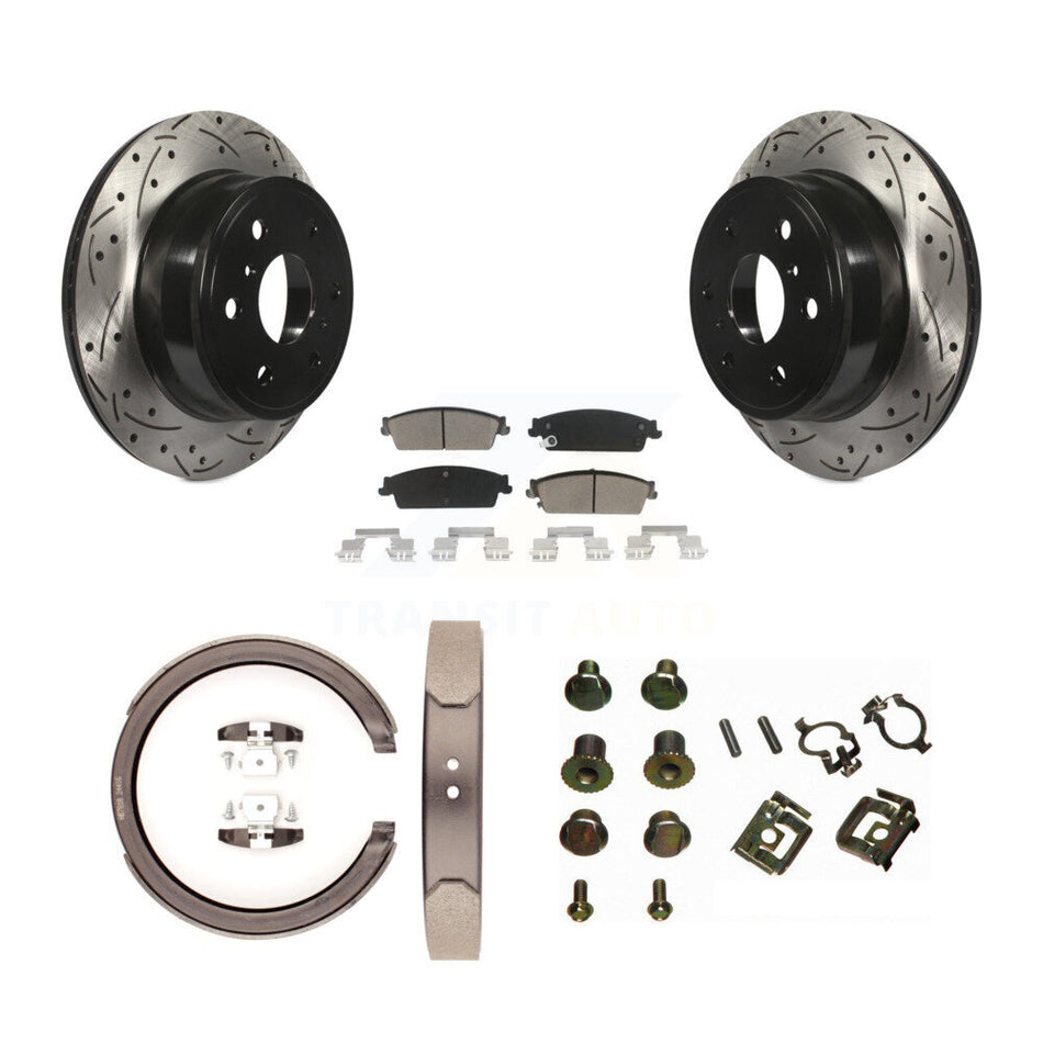Rear Disc Drilled & Slotted Rotors Ceramic Pads Parking Shoes Hardware Kit For Chevrolet KDC-101561