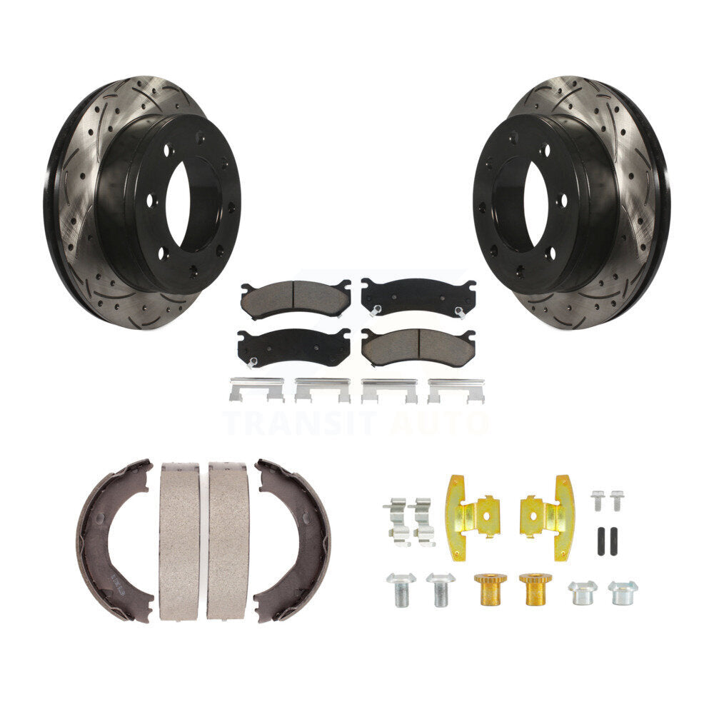 Rear Disc Drilled & Slotted Rotors Ceramic Pads Parking Shoes Hardware Kit For Chevrolet KDC-101563