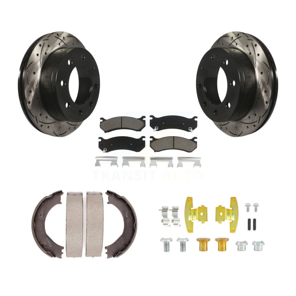Rear Disc Drilled & Slotted Rotors Ceramic Pads Parking Shoes Hardware Kit For Chevrolet KDC-101563