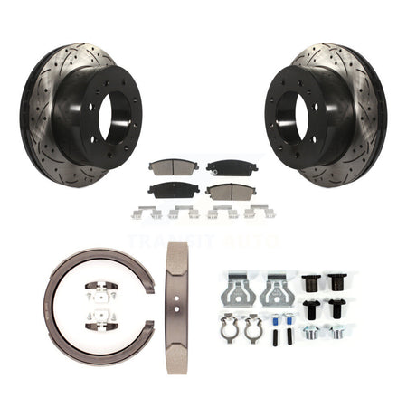 Rear Disc Drilled & Slotted Rotors Ceramic Pads Parking Brake Shoes And Hardware Kit For KDC-101564