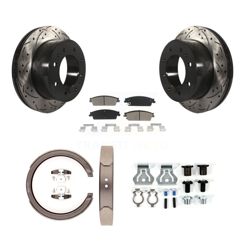 Rear Disc Drilled & Slotted Rotors Ceramic Pads Parking Brake Shoes And Hardware Kit For KDC-101564