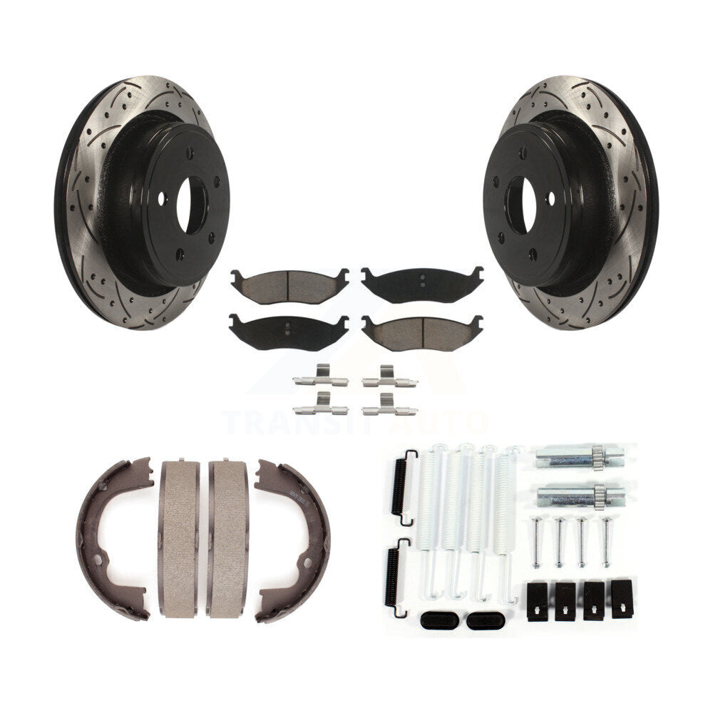 Rear Disc Drilled & Slotted Rotors Ceramic Pads Parking Shoes Hardware Kit For Ram 1500 KDC-101568