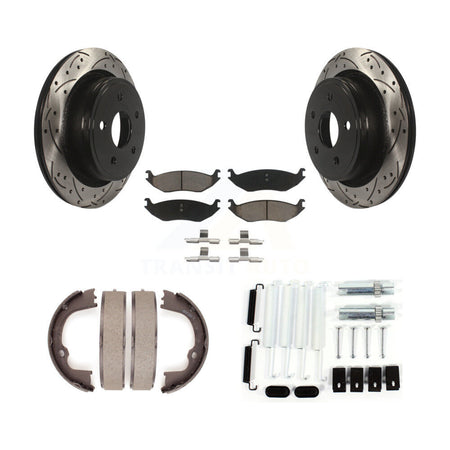Rear Disc Drilled & Slotted Rotors Ceramic Pads Parking Shoes Hardware Kit For Ram 1500 KDC-101568