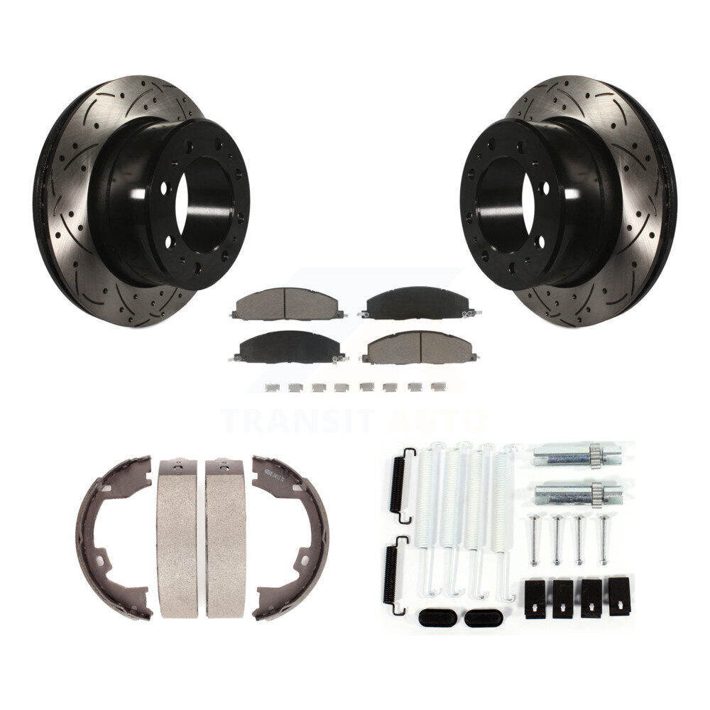 Rear Disc Drilled & Slotted Rotors Ceramic Pads Parking Shoes Hardware Kit For Ram 1500 KDC-101569