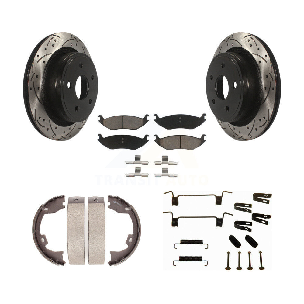 Rear Disc Drilled & Slotted Rotors Ceramic Pads Parking Brake Shoes And Hardware Kit For KDC-101570