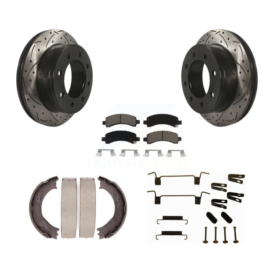 Rear Disc Drilled & Slotted Rotors Ceramic Pads Parking Shoes Hardware Kit For Chevrolet KDC-101573