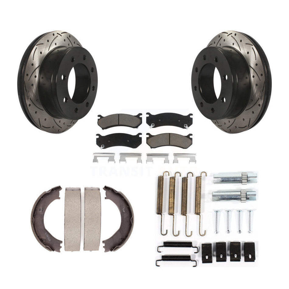 Rear Disc Drilled & Slotted Rotors Ceramic Pads Parking Shoes Hardware Kit For GMC Sierra KDC-101574