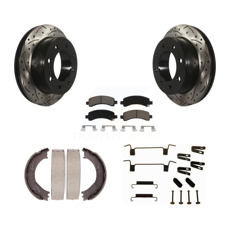Rear Disc Drilled & Slotted Rotors Ceramic Pads Parking Shoes Hardware Kit For Chevrolet KDC-101575