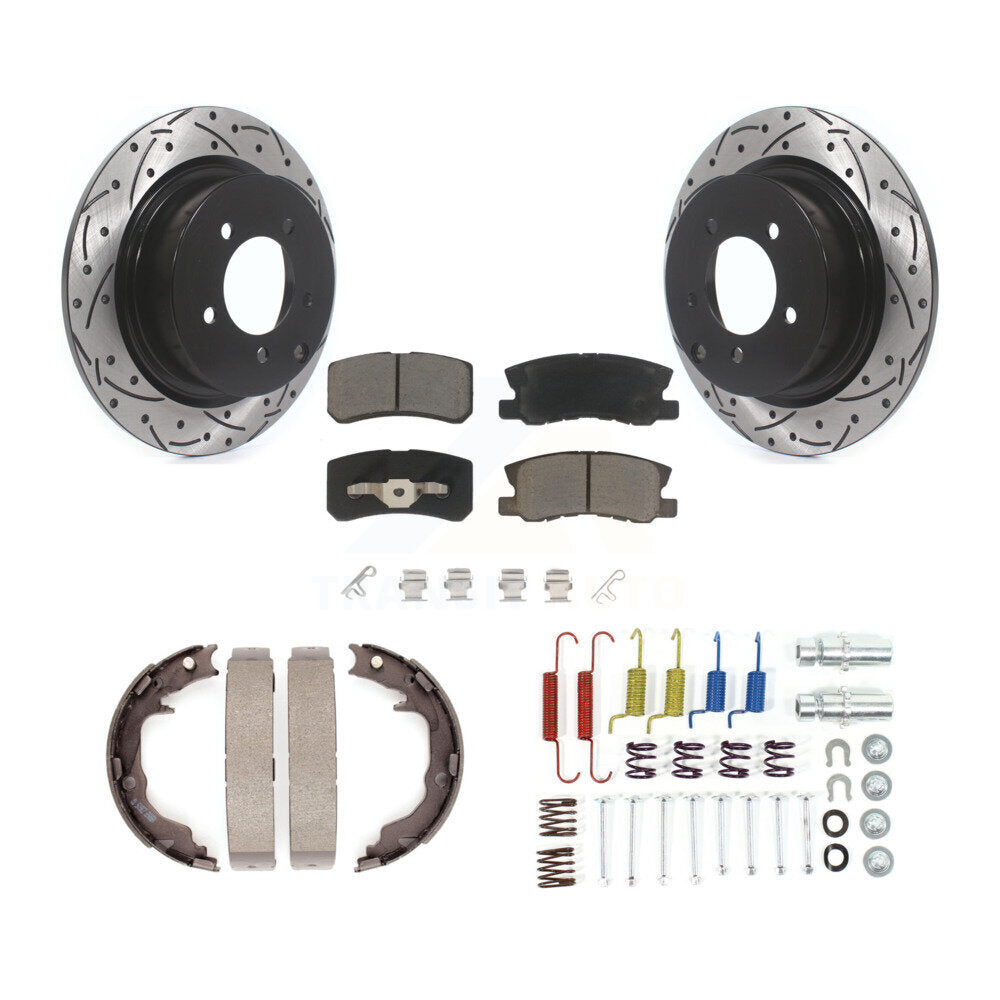 Rear Disc Drilled & Slotted Rotors Ceramic Pads Parking Shoes Hardware Kit For Mitsubishi KDC-101577