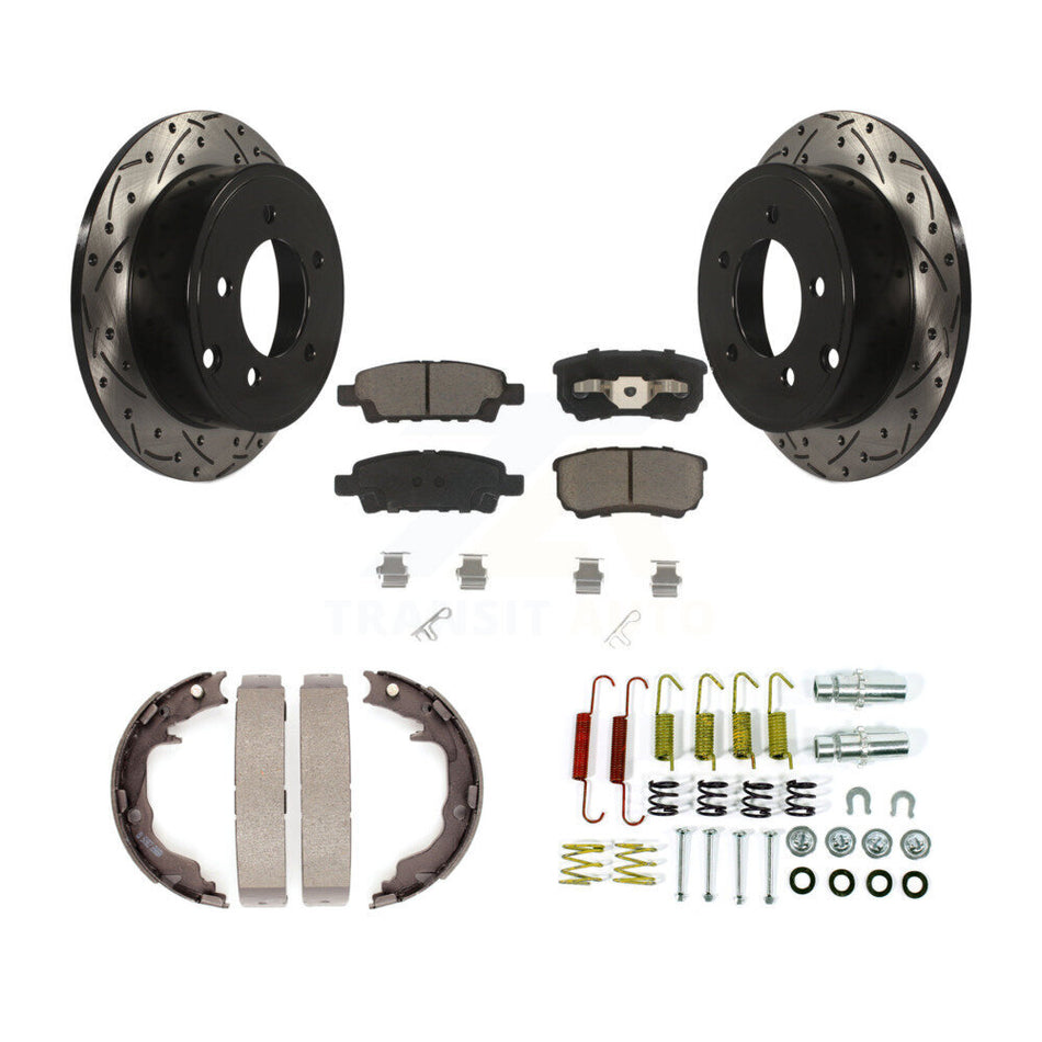 Rear Disc Drilled & Slotted Rotors Ceramic Pads Parking Shoes Hardware Kit For Jeep Dodge KDC-101578
