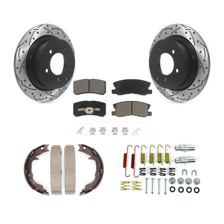 Rear Disc Drilled & Slotted Rotors Ceramic Pads Parking Shoes Hardware Kit For Jeep Dodge KDC-101579