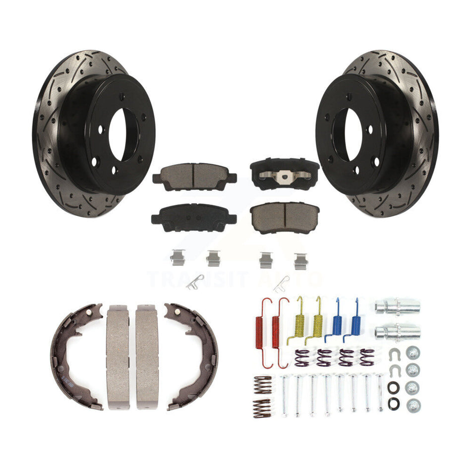 Rear Disc Drilled & Slotted Rotors Ceramic Pads Parking Brake Shoes And Hardware Kit For KDC-101581
