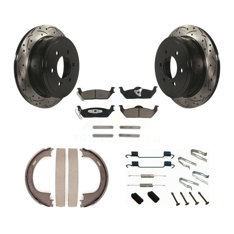 Rear Disc Drilled & Slotted Rotors Ceramic Pads Parking Shoes Hardware Kit For Ford F-150 KDC-101584