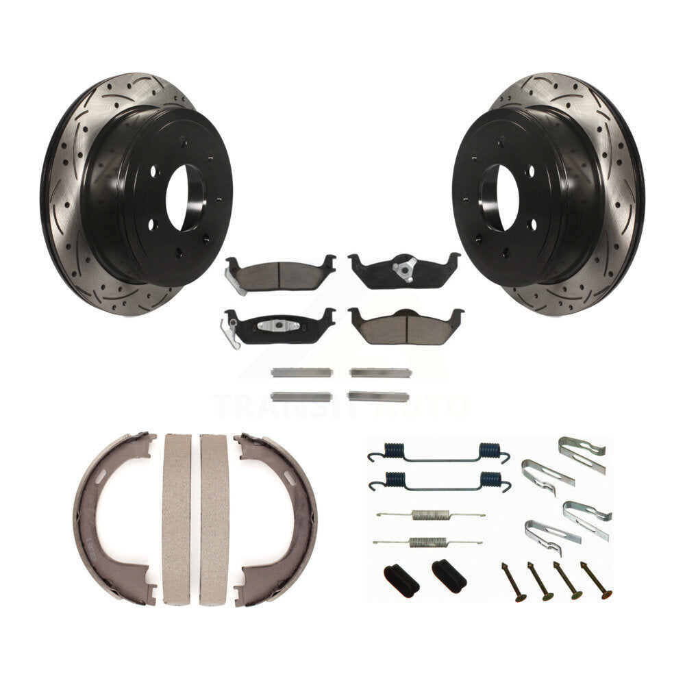 Rear Disc Drilled & Slotted Rotors Ceramic Pads Parking Shoes Hardware Kit For Ford F-150 KDC-101585