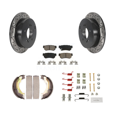 Rear Disc Drilled & Slotted Rotors Ceramic Pads Parking Shoes Hardware Kit For Hyundai KDC-101587